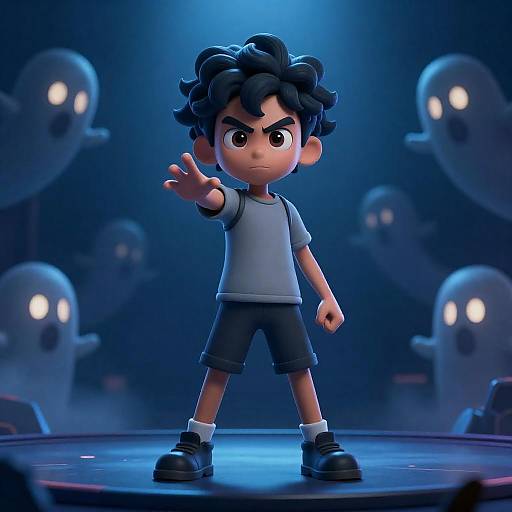 Determined Boy on Blue-Lit Stage