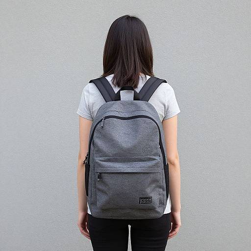 Photograph of a woman with straight black hair, wearing a white shirt and black pants, facing a white textured wall, with a gray backpack on her