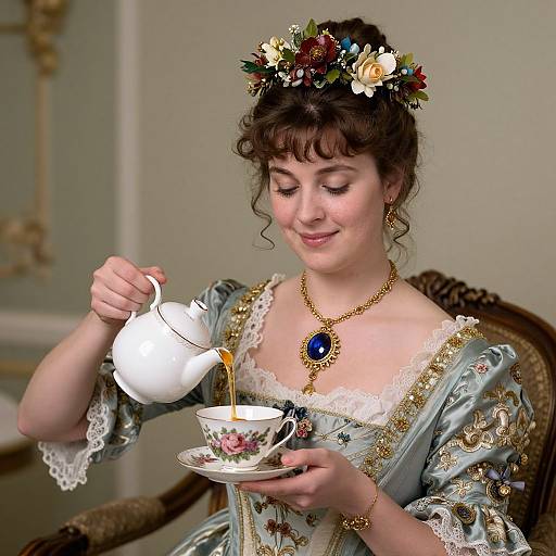 Victorian-style photograph of a woman with curly brown hair, wearing a floral crown, lace-trimmed blue gown, pouring tea from a white te