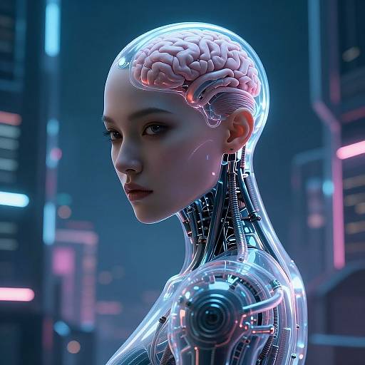 CGI image of a futuristic female android with a transparent head revealing her brain, glowing neon cityscape background, sleek metallic body.