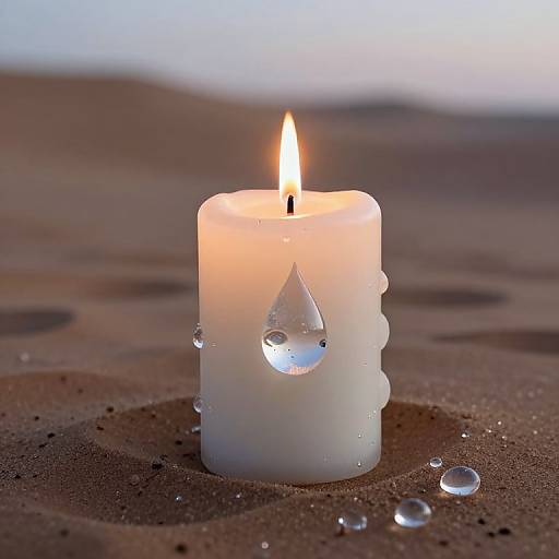 Photograph of a white candle with a small flame, melting drips, and water droplets on a sandy surface at dusk.