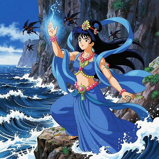 Anime-style drawing of a dark-haired woman in a blue harem outfit, conjuring magic on a rocky cliffside by the ocean.