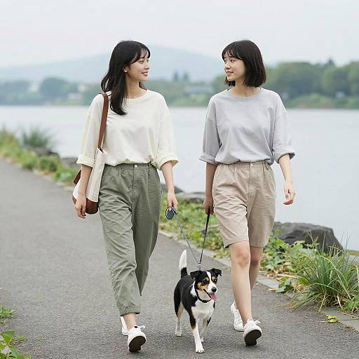 Photograph of two Asian women with black hair, wearing white shirts and beige shorts, walking a black and white dog on a leash along a lakeside