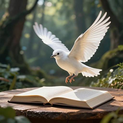 Photograph of a white dove with outstretched wings landing on an open book on a forest floor, sunlight filtering through trees.