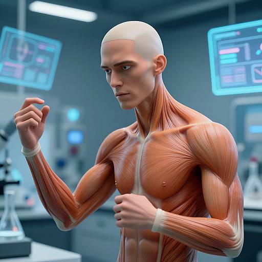 Digital CGI image of a bald, muscular male with detailed, exposed muscle anatomy in a futuristic laboratory, holding his right hand.