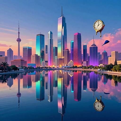 Vibrant digital artwork of a city skyline at sunset, with neon-lit skyscrapers reflected in a still water body, featuring two floating clock