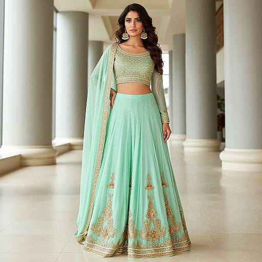 Photograph of a dark-haired woman in a mint green, gold-embroidered traditional Indian outfit, standing in a sunlit, columned hall