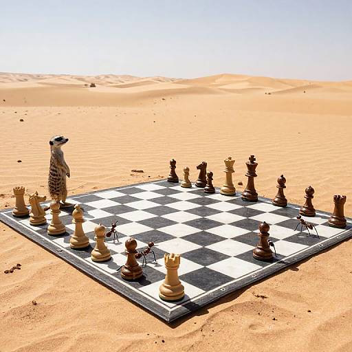 Photograph of a chessboard with large wooden and animal-shaped pieces in a desert, featuring a standing cheetah chess piece.
