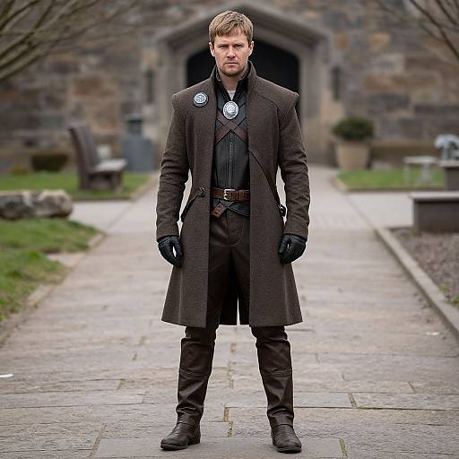 Photograph of a serious, blond man in a long brown coat, black gloves, and buttoned shirt, standing on a stone path in front of