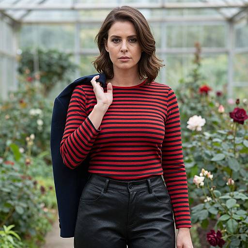 Photograph of a serious brunette woman with shoulder-length hair, wearing a red and black striped shirt and black pants, holding a navy jacket, standing in