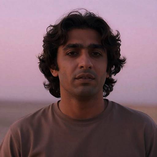 Photograph of a young man with curly black hair, medium brown skin, and serious expression, wearing a brown shirt, set against a pink and purple