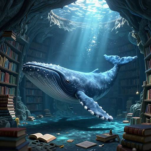 Digital art: A massive blue whale with sparkling skin swims through an illuminated, underwater library filled with floating books and scattered papers.