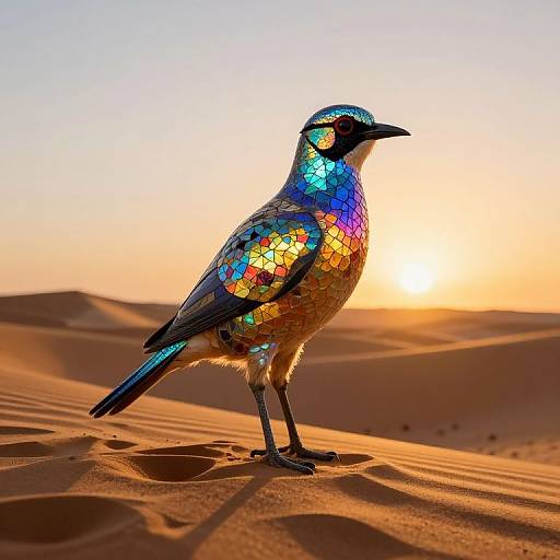 Photograph of a colorful mosaic bird sculpture standing in a golden desert at sunset, with sand dunes in the background.