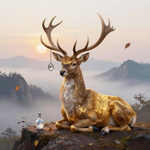 Digital artwork of a majestic golden deer with large antlers, adorned with a hanging crystal pendant, resting on a misty mountain ledge at sunset.