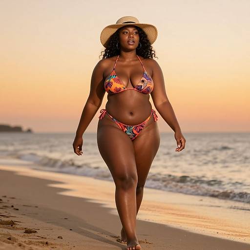 Photograph of a confident, curvy Black woman with dark skin, wearing a colorful, patterned bikini and straw hat, walking on a sandy beach