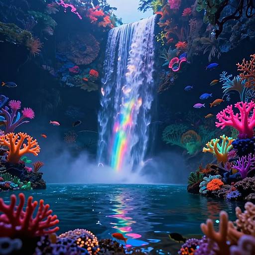 Vibrant digital artwork of a multicolored coral reef waterfall with a rainbow, surrounded by vivid fish, corals, and foliage.