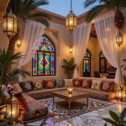 Photograph of a luxurious Moroccan-style courtyard at dusk, featuring colorful stained glass windows, white curtains, patterned cushions, lanterns, and palm trees