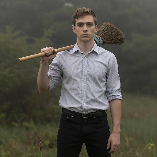 Young man with broom in misty forest
