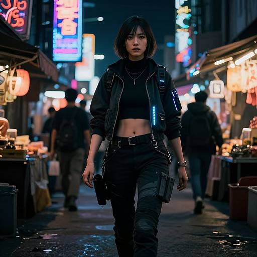 Photograph-style digital art of an Asian woman with short black hair, wearing a black leather jacket, crop top, and cargo pants, carrying a gun