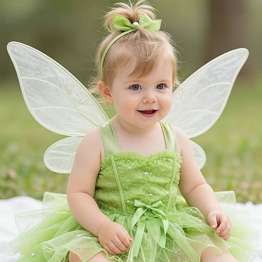 Photograph of a smiling baby girl with light brown hair in a green bow, wearing a green fairy dress and transparent wings, sitting on grass in a