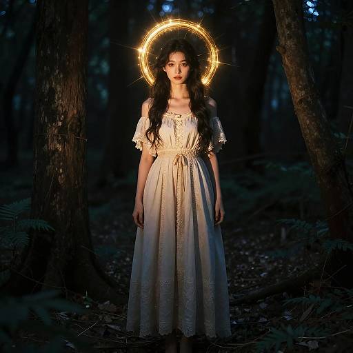 Photograph of a young woman with long black hair, wearing a white, off-shoulder, embroidered dress, standing in a dark forest, illuminated