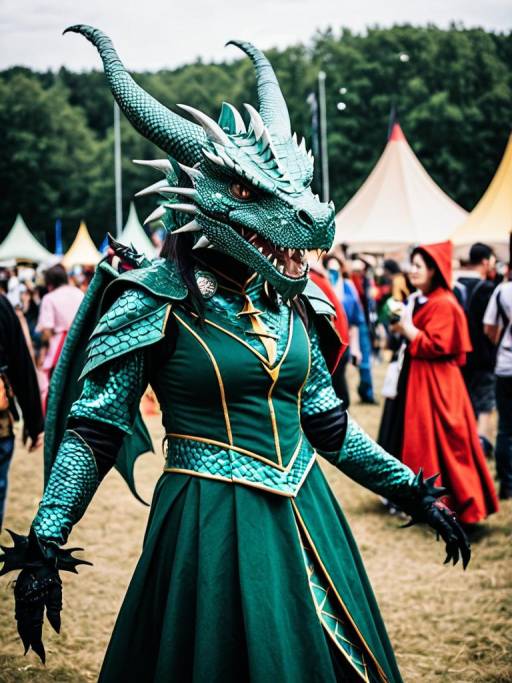Woman in Green Dragon Costume at Outdoor Fantasy Festival