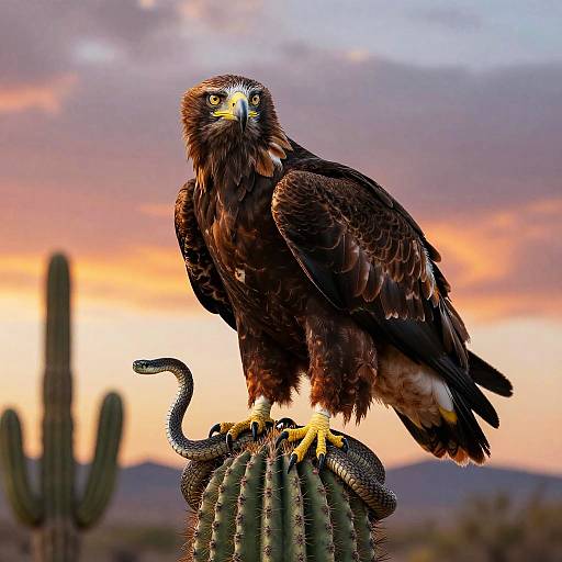 Eagle and Snake on Cactus Sunset