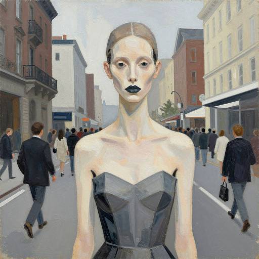 Digital painting of a pale, slender woman with black lipstick, bun hairstyle, and strapless black dress, standing in a busy city street. Background features