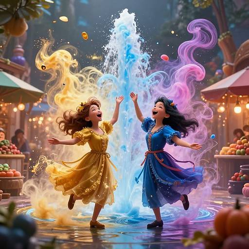 Digital artwork of two dancing women, one in yellow and one in blue, surrounded by colorful flames and a glowing fountain in a market setting.