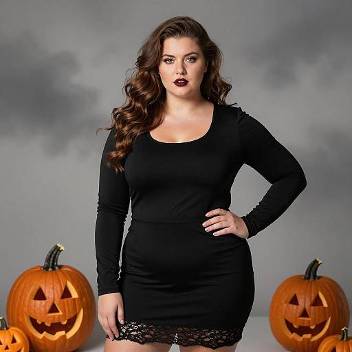 Plus Size Woman in Black Halloween Dress with Pumpkins