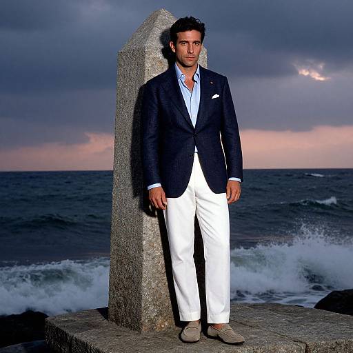 Photograph of a handsome man with dark hair, in a navy blazer, white pants, and light blue shirt, standing by a stone pillar by