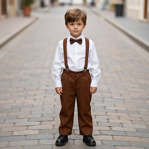 Photograph of a young boy with brown hair, wearing a white shirt, brown bow tie, brown suspenders, and trousers, standing on a cob