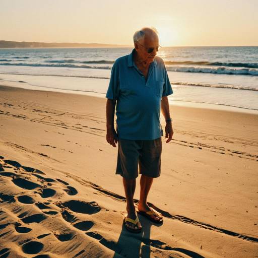 Elderly Man Walking on Sunset Beach