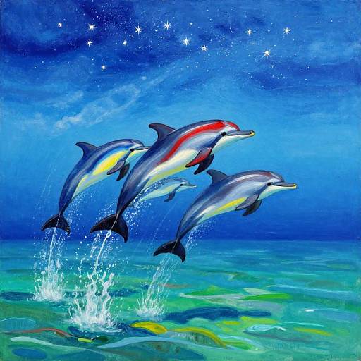 Vibrant digital painting of three dolphins mid-leap over turquoise ocean, splashing water, with a starlit blue sky background.