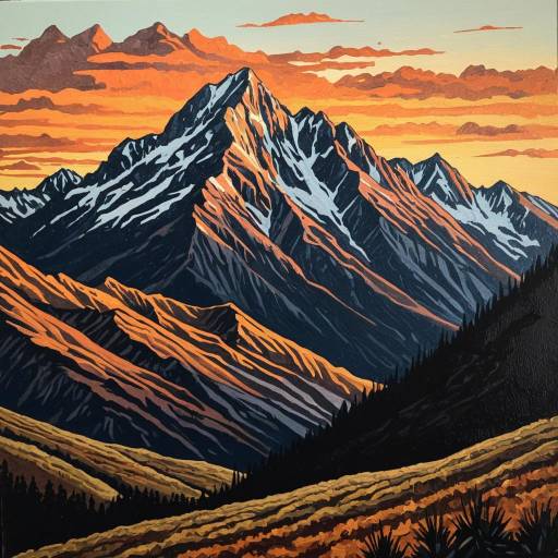 Acrylic Painting of Mountain Range at Sunset