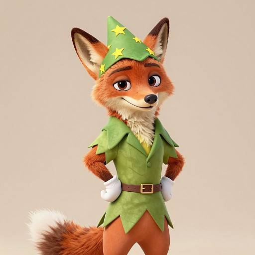 CGI anthropomorphic fox in green elf costume with star-topped hat, white gloves, and brown belt, standing confidently with hands on hips.