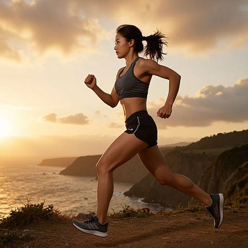 Photograph of a fit, dark-haired woman in a grey sports bra and black shorts, running on a cliffside at sunset. Golden sky and ocean