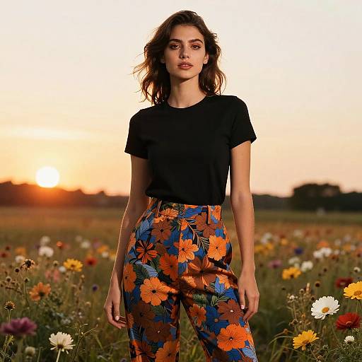 Chic Woman in Floral Meadow Sunset