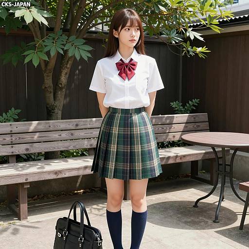 Stylish Asian Woman Outdoors in Plaid