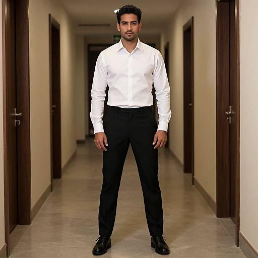 Photograph of a handsome, dark-haired man with a trimmed beard, wearing a white shirt, black pants, and black shoes, standing confidently in a
