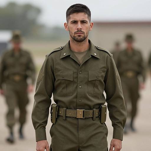 Photograph of a serious, bearded male soldier in an olive-green uniform with a belt and patches, standing in a blurred outdoor military setting. Two