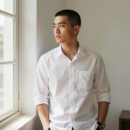 Photograph of a young Asian man with short black hair, wearing a white button-down shirt, standing by a sunlit window, looking thoughtfully outside
