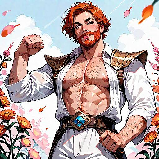 Armored Ginger Man Flexing with Flowers