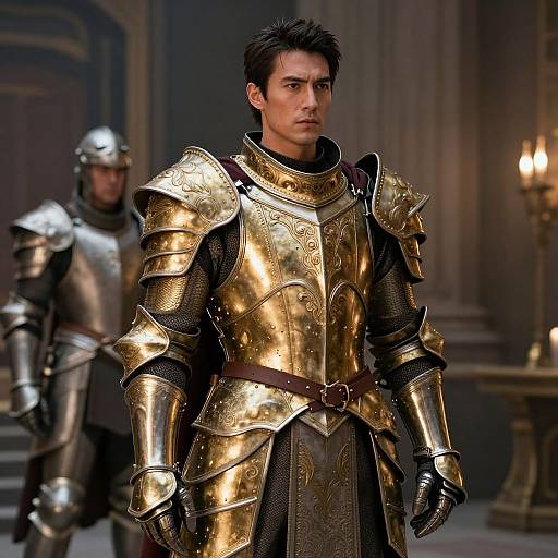 Photograph-style CGI of a serious, dark-haired man in ornate gold armor with intricate engravings, standing in a dimly lit, elegant