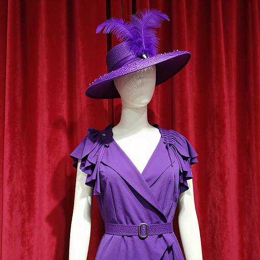 Mannequin in Purple Outfit with Feather Hat