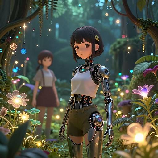Digital anime-style illustration of a cybernetic girl with black bob haircut, white top, black shorts, standing in a glowing, enchanted forest with a