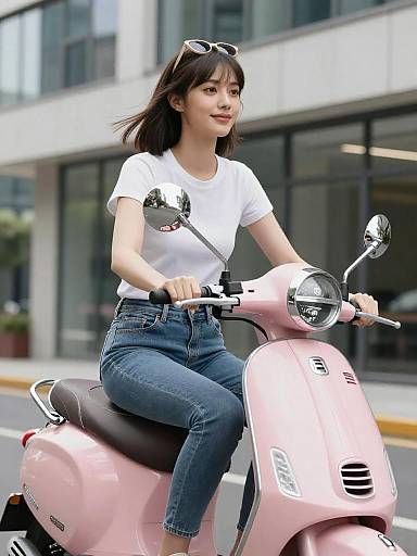 Young Italian Woman Riding Pink Scooter