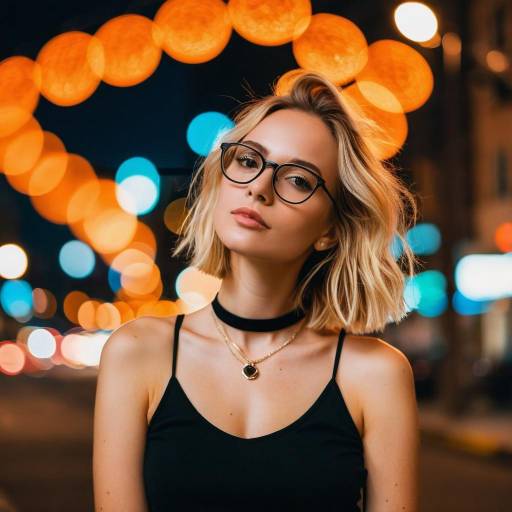 Blonde woman with glasses in city night lights