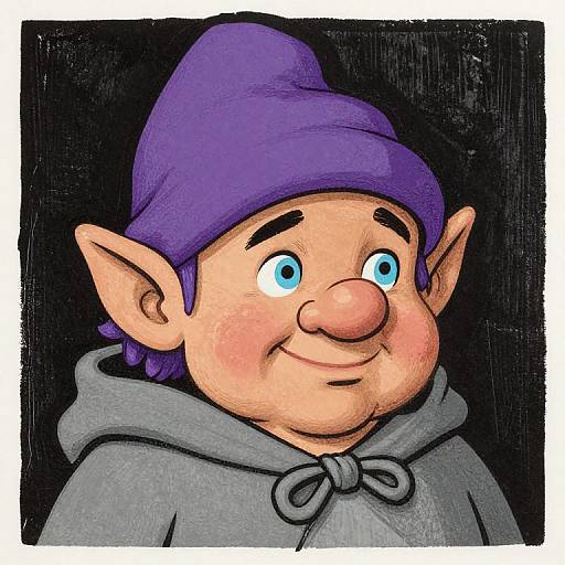 Cartoon-style drawing of a cute, chubby, fair-skinned elf with large blue eyes, pink nose, purple beanie, and gray hooded