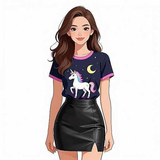 Digital anime-style drawing of a smiling woman with long brown hair, wearing a starry navy t-shirt with a unicorn and crescent moon, and a